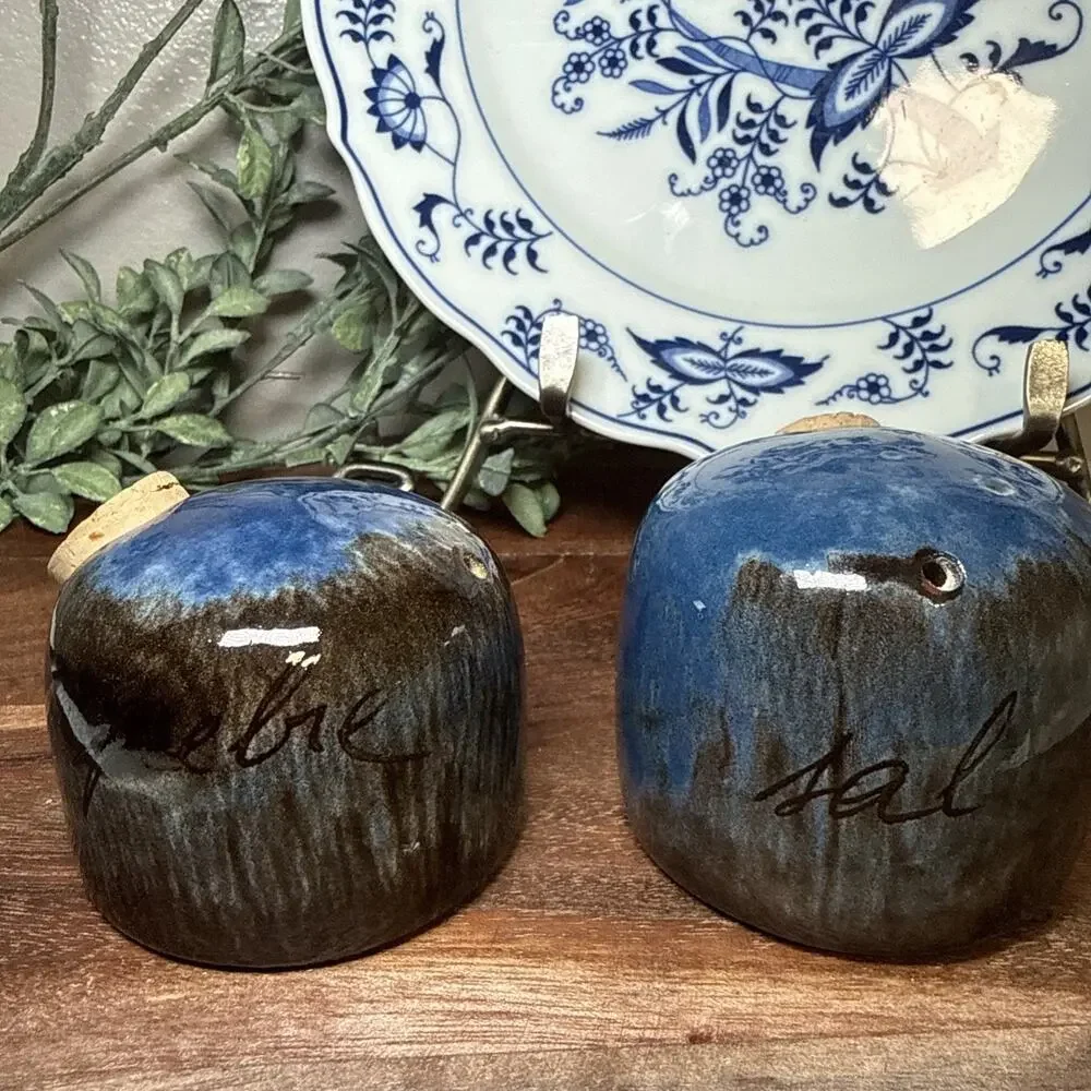 Spanish Studio Pottery SAL PEBRE Salt Pepper Shakers Blue Drip Glaze Vintage